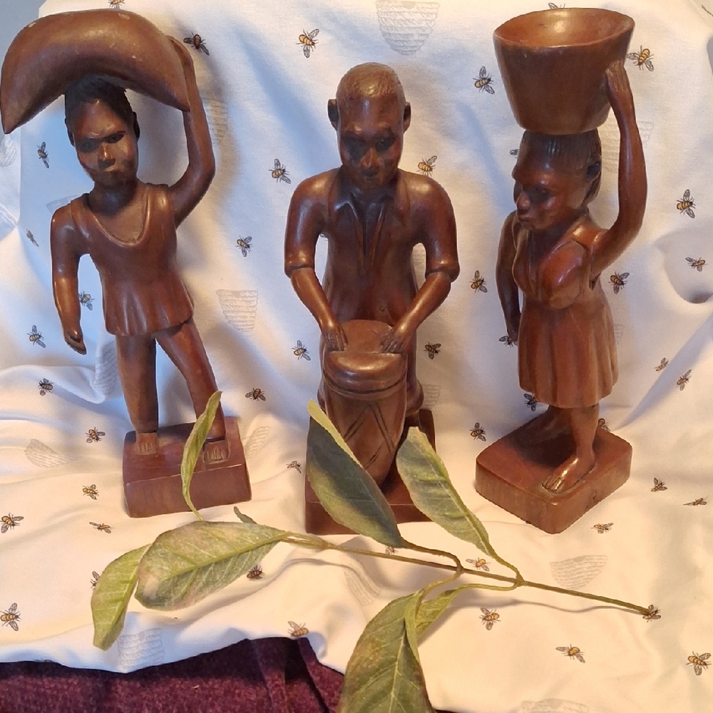 Vintage HAITIAN Hand-Carved Brown Wood  Art Sculpture -  Trio - Unbranded